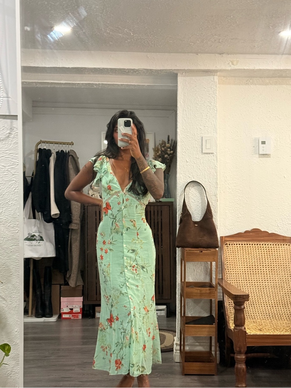 Kimchi Blue Floral Maxi Dress in Green & Pink Size XXS Like New